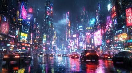 Obraz premium Rainy Neon Cityscape Illustration