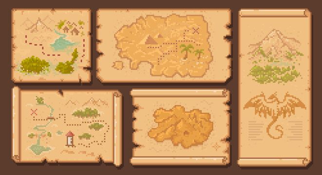 Arcade 8 bit pixel game pirate treasure maps. Vector vintage scrolls, ancient manuscripts, parchments featuring secret lands, mountains, forests, rivers and dragon. Antique paper with ripped sides