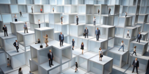 Fototapeta premium A many blurry business people in cube 3D structures. Business and finance concept.3D render. 3D Illustration background.