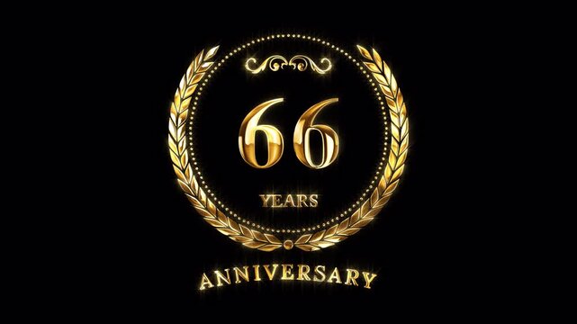 66th Anniversary Celebration. Happy 66 Years Anniversary Animation in Gold Color on the Transparent Background, Alpha Channel. Great for greetings, celebrations, events, and gifts.