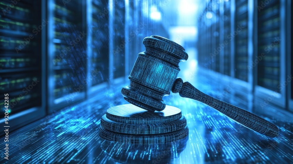Poster digital judge's gavel against a backdrop of a data center, symbolizing the intersection of law and t