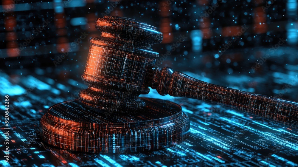 Poster digital judge's gavel against a backdrop of a data center, symbolizing the intersection of law and t