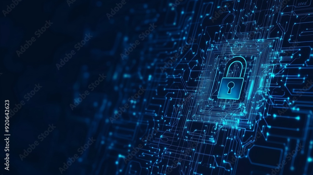 Poster digital lock symbol amidst a complex circuitry background, representing cybersecurity technologies