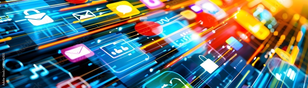 Poster abstract digital technology background with icons and lines.
