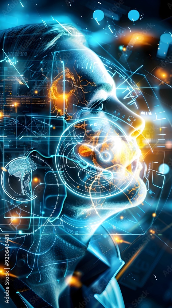 Poster human brain scan with digital interface.