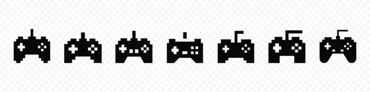 joystick icon set. video game controller icon. Joystick vector icon. Pixel art video game joystick 8bit vector icon on transparent background, pixel joystick game controller icons