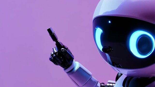 Positive cute robot pointing at a space