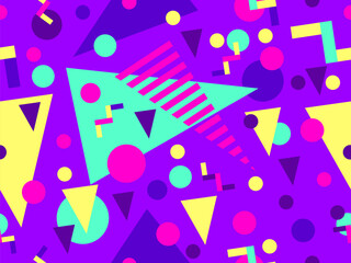Geometric seamless pattern with memphis elements in 80s style. Colorful geometric pattern. Design of promotional products, wrapping paper and printing. Vector illustration