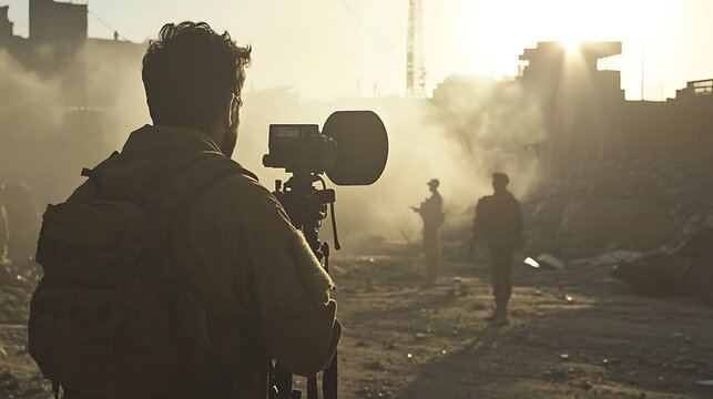 War Correspondent Filming a Scene of Destruction