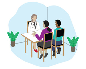 vector design of two men and women who are husband and wife communicating or consulting with a female doctor in a room with a table and two potted plants