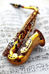 Fototapeta premium Golden Saxophone on Sheet Music
