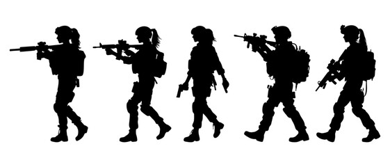 Walking female soldier aiming at target silhouette black filled vector Illustration icon