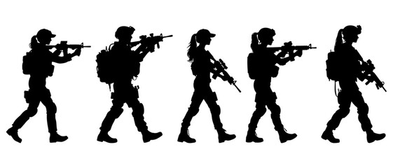 Walking female soldier in action silhouette black filled vector Illustration icon