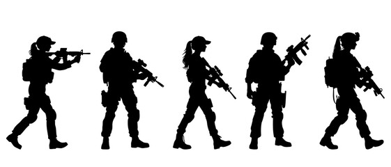 Walking female soldier in action silhouette black filled vector Illustration icon