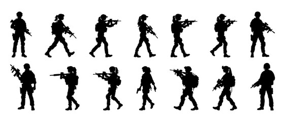 Walking female soldier with gun silhouette black filled vector Illustration icon
