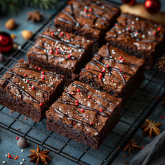 Christmas chocolate brownies with sugar glaze and sprinkles on a blue concrete background. Christmas or New Year food festive background. Made with generative ai