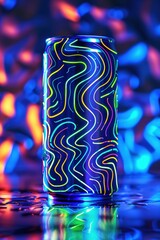 Vibrant Neon Energy Drink Can with Abstract Light Patterns on Reflective Surface - Colorful and Modern Beverage Packaging Design
