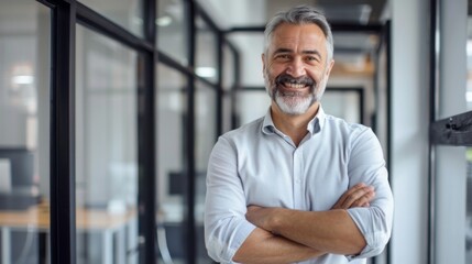 Fototapeta premium Smiling handsome businessman with crossed arms in modern office, middle-aged gray-haired man exuding confidence, business success concept.