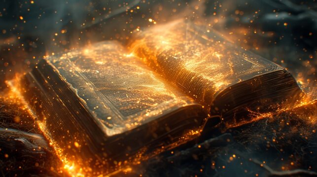 Ancient book with glowing pages surrounded by mystical smoke and sparkles evoking sense of magic