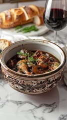 Coq au vin - French dish of chicken, baconm mushrooms and vegetables braised with red wine. AI generated illustration