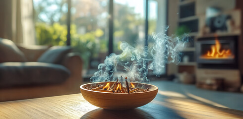 Burning Incense on Wooden Table in Modern Living Room With Sunlight Streaming in Through Window