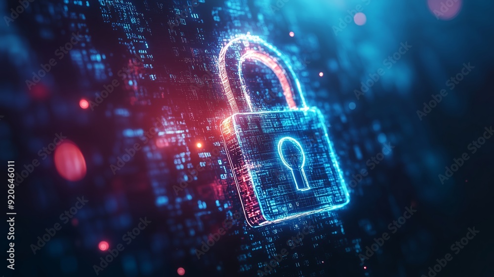 Poster digital padlock symbolizing cybersecurity in a vibrant, technology-driven environment with abstract 
