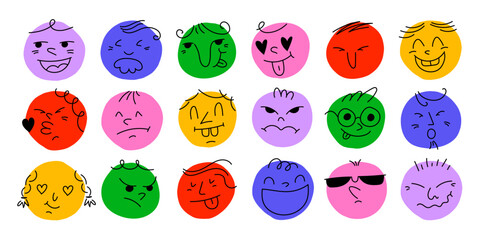Round abstract comic Faces with various Emotions. Crayon drawing style. Different colorful characters. Cartoon style. Flat design. Hand drawn trendy Vector illustration. Every face is isolated
