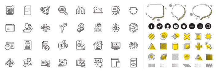 Fototapeta premium Set of Calendar time, Document and Build line icons for web app. Design elements, Social media icons. Teamwork, Ranking, Report icons. Money currency, Certificate, Air fan signs. Vector