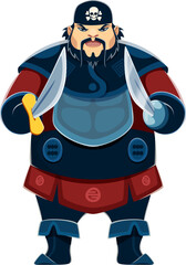 Cartoon Asian pirate or corsair character with swords, vector sea sailor personage. Asian pirate, oriental corsair or filibuster man in bandana with skull, seaman in armor with saber sword hand