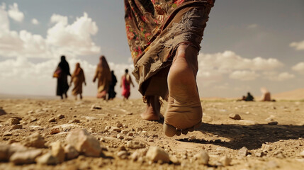 woman's foot stepping in desert during arduous migration journey.