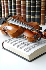 Fototapeta premium Violin resting on sheet music with a bookshelf in the background