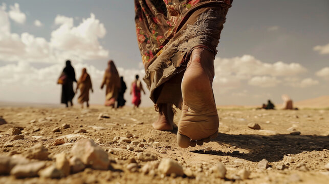 woman's foot stepping in desert during arduous migration journey.