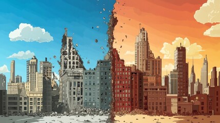 A cartoon city skyline with half in ruins and half restored representing the effects of war and the hope for rebuilding