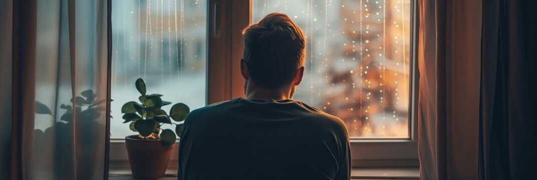 A man gazes thoughtfully out of a window during twilight, juxtaposed by the warm glow inside and the dimed, cool exterior beyond the glass. - Powered by Adobe