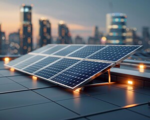 Solar panels on a modern rooftop with a city skyline in the background during sunset, showcasing renewable energy technology.
