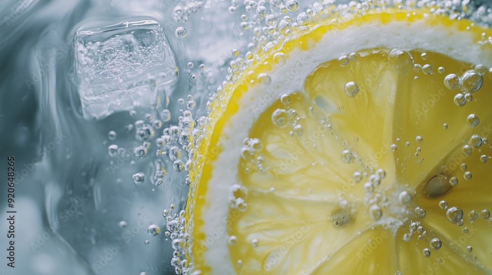 Aufkleber lemon slice with ice cube submerged in sparkling water captured in close-up