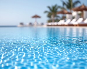 Fototapeta premium Tranquil view of a luxurious pool with clear blue water and palm trees, perfect for relaxation and vacation vibes.