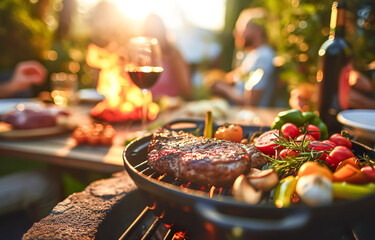 Selective focus.Closeup barbeque meat grilled with fire on bbq stove.picnic party dining or celebration day moment.tasty food special menu ideas