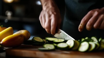 A person slicing cucumbers on a wooden cutting board. Suitable for cooking and food preparation concepts