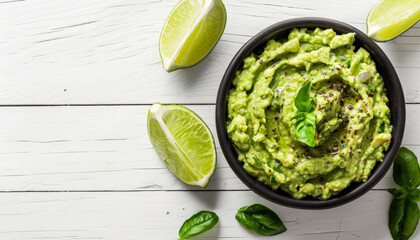 Obraz premium Bowl of Guacamole with Lime on White Wooden Table