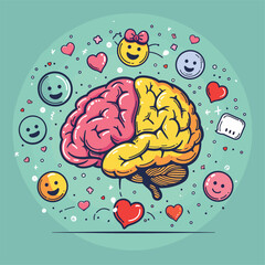Colorful brain surrounded by various emojis, digital art.
