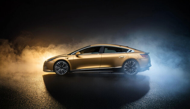 golden car with foging on dark background