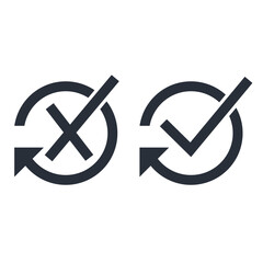 Cross and a check mark . Approved, rejected, true, false. Examination, verification.Vector linear icon isolated on white background.