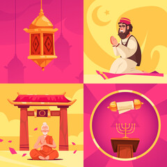 Religious symbols hand drawn compositions set