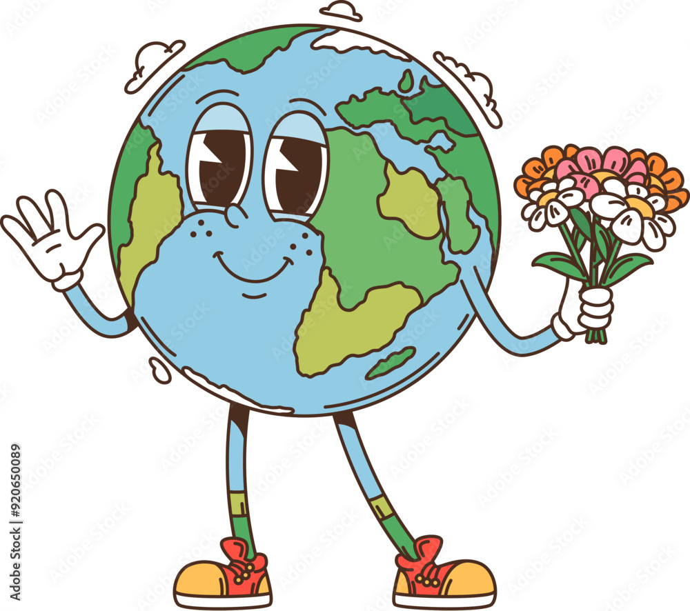 Poster cartoon groovy space earth planet character holding a bouquet of flowers and waving hand. isolated v