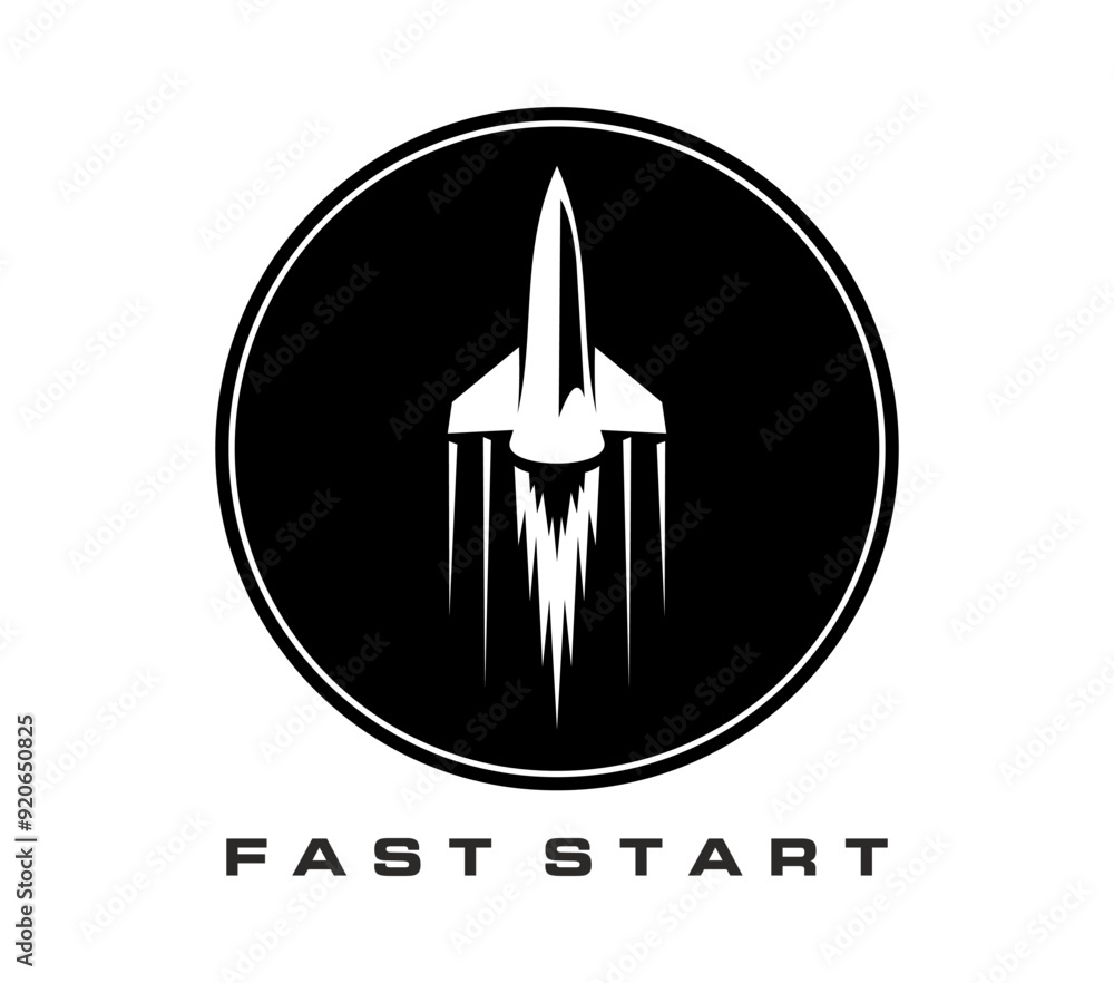 Poster spaceship, space rocket icon. isolated vector monochrome fast start emblem for business startup, tec