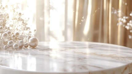 Blank Marble table and pearl vase with curtain for montage product display.