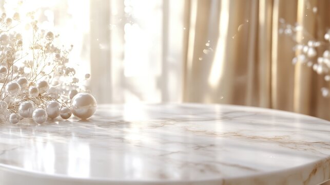 Blank Marble table and pearl vase with curtain for montage product display.