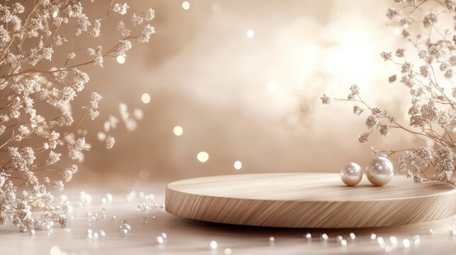 Empty wooden table and podium frontview with elegant pearl tree and bokeh for product montage display.