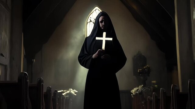 Possessed bloody Nun in a church or temple. Nun possessed by the devil. Evil nun. Horror movie concept. Halloween concept. Portrait of scary devilish nun